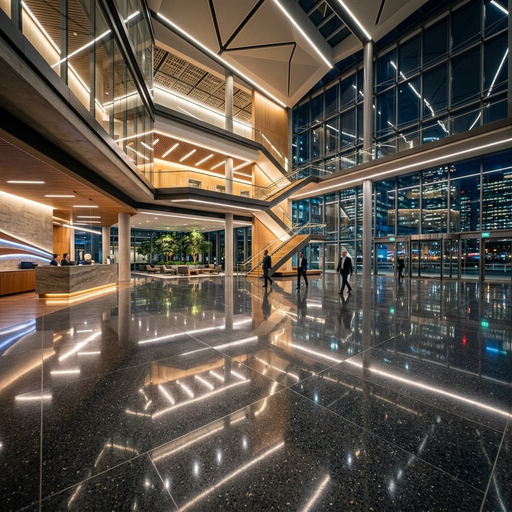 Gleaming polished commercial floor in a modern office lobby