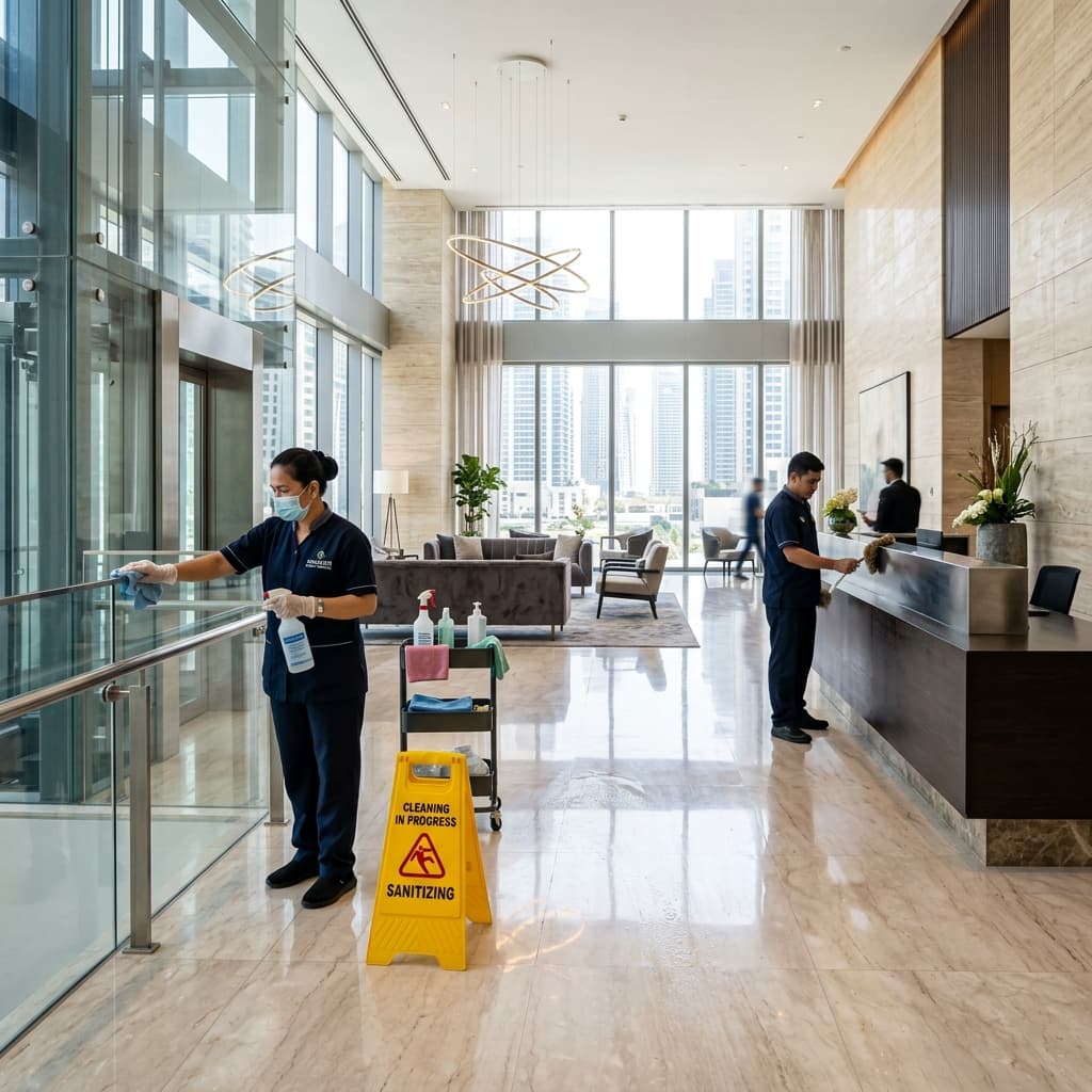 Professional cleaning of a modern luxury apartment lobby in Central MA
