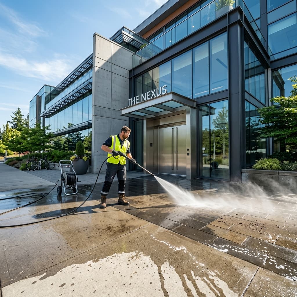 Professional worker pressure washing the exterior entrance of a commercial building